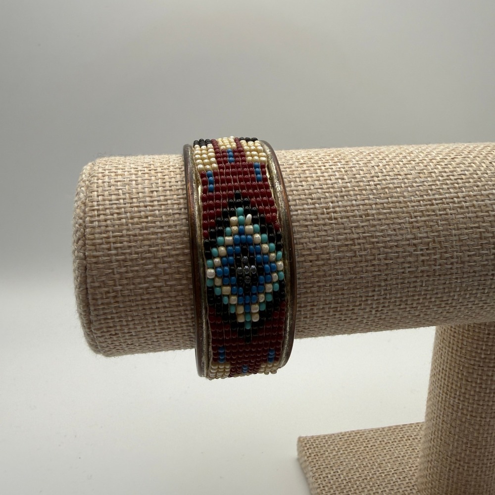 Multicolor Beaded Cuff Bracelet Southwestern Native Geometric Boho Metal Jewelry